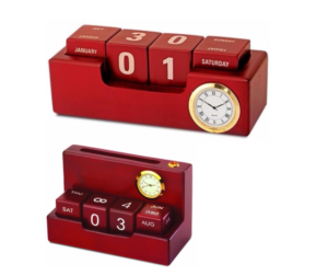 Wooden melamine finish executive table top calendar with clock and space for visiting cards, pens