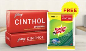 Buy 2 Cinthol Soaps and get free 1 Scotch-Brite Scrub Pad